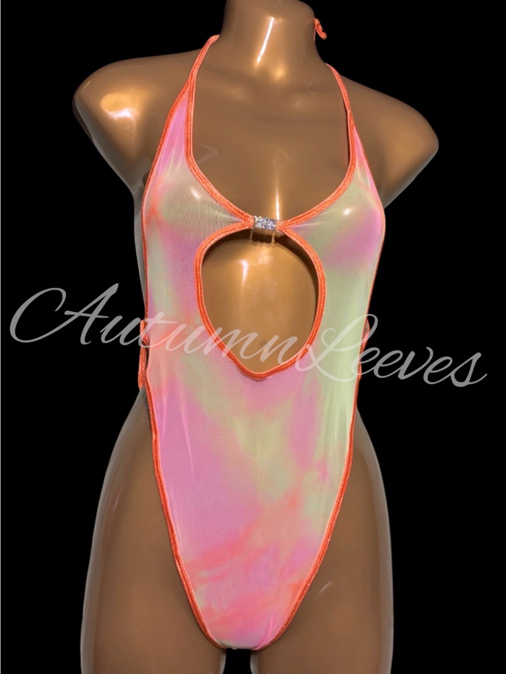Holographic Neon Orange Trim One-Piece Cutout Swimsuit